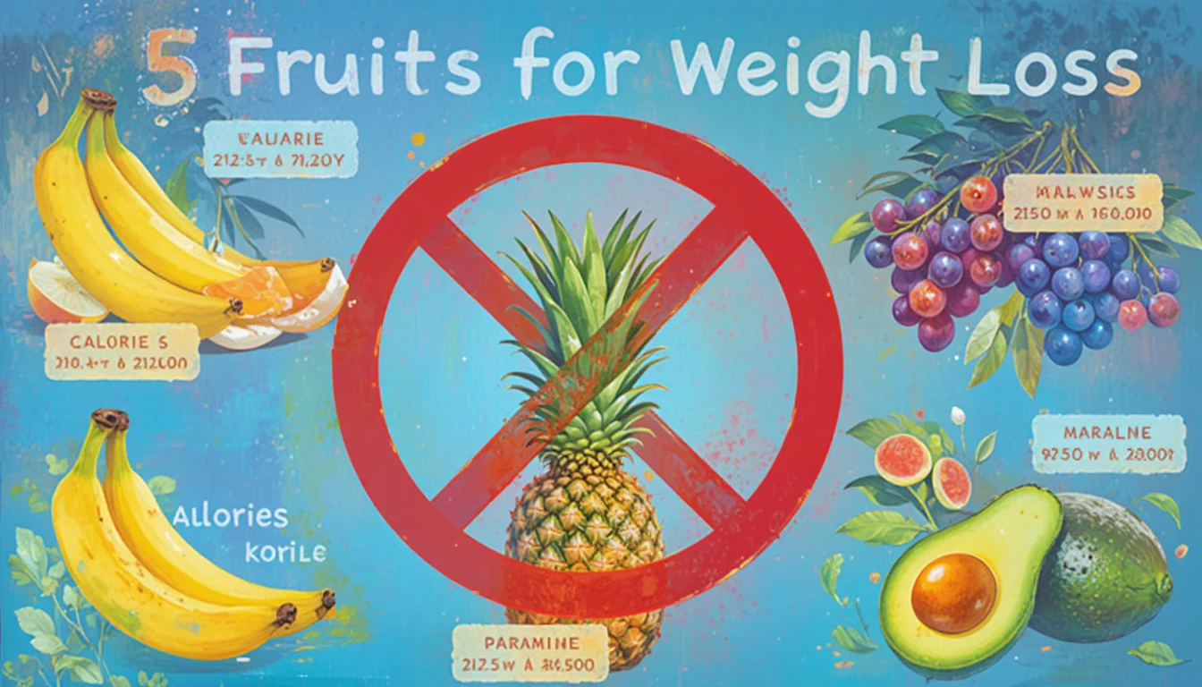 “Infographic showing 5 fruits to avoid for weight loss: bananas mangoes pineapples grapes and avocados with calories and sugar per serving.