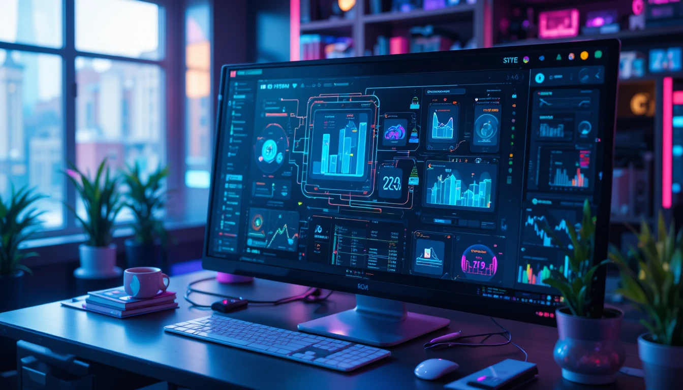 Illustration of a modern digital workflow system representing Cartetach with interconnected dashboards and data visualizations