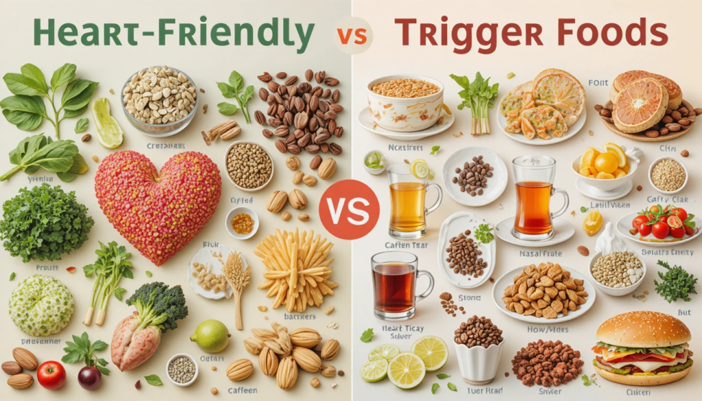 foods to avoid for heart palpitations including coffee, energy drinks, alcohol, spicy foods, sugary desserts, and salty snacks.