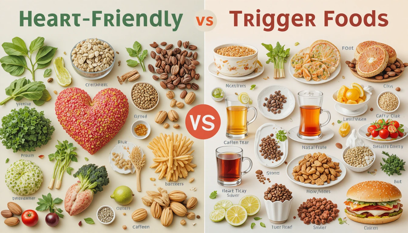 foods to avoid for heart palpitations including coffee, energy drinks, alcohol, spicy foods, sugary desserts, and salty snacks.