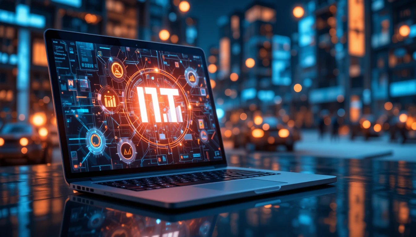 Illustration of a tech professional reading IT updates by Syndrathia on laptop and smartphone