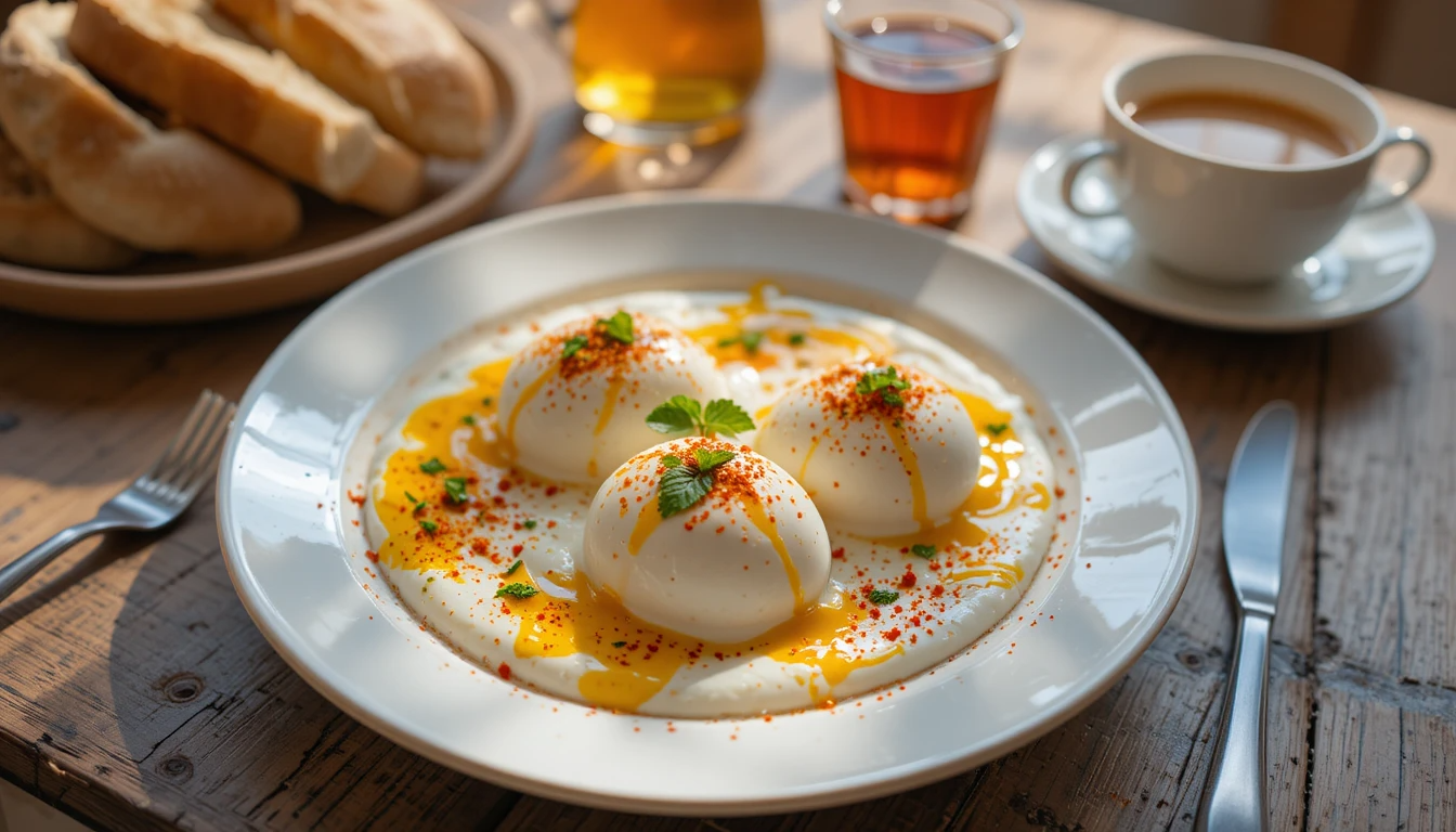 Traditional Turkish Ceıvır breakfast with poached eggs on creamy yogurt melted butter paprika and dried mint served with bread and tea
