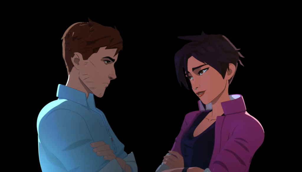 Dialogue scene showing romance choices with Invisigal.