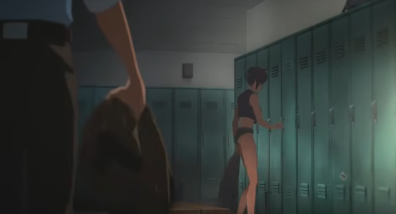 Invisigal character using invisibility powers inside locker room scene in Dispatch gameplay