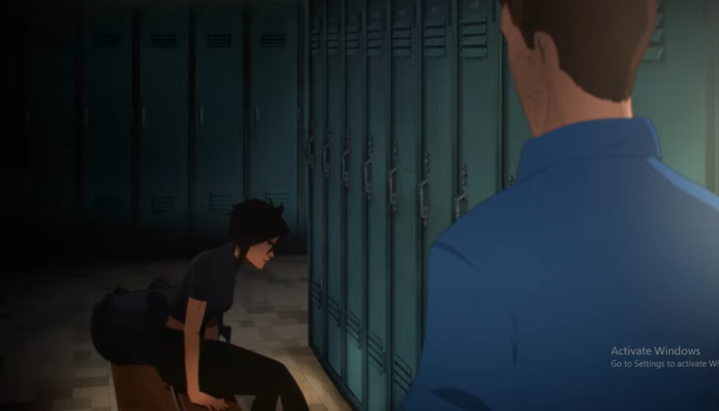 Dispatch game locker room scene featuring Invisigal character in invisible mode