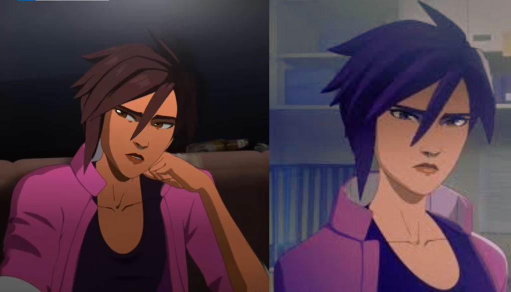 Close-up of Dispatch character Invisigal with secretive actions