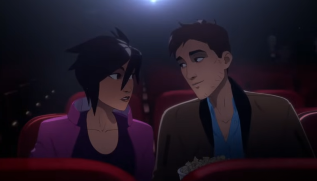 Invisigal and player character sharing a romantic moment in-game.