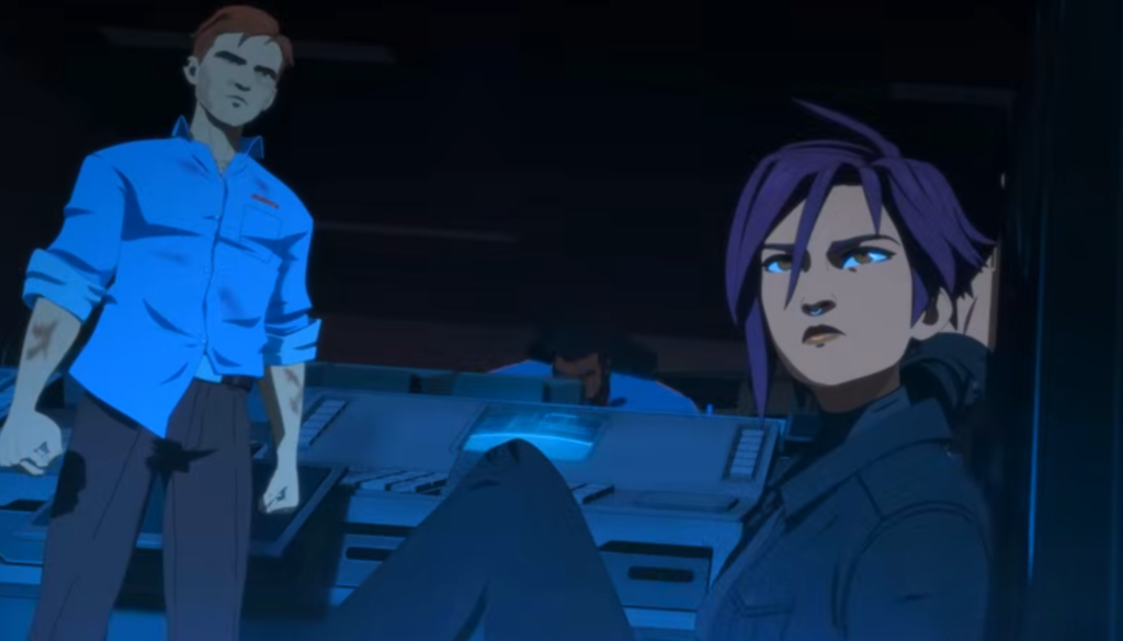 "Invisigal tied up in game scene, showing player choice options"