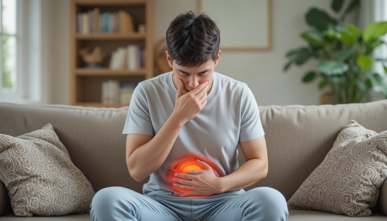 "Person holding stomach and coughing, illustrating cough abdomen pain"