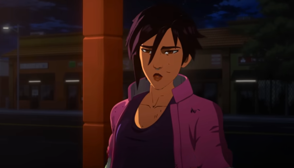 Gameplay scene in Dispatch featuring Invisigal and other heroes showing her height