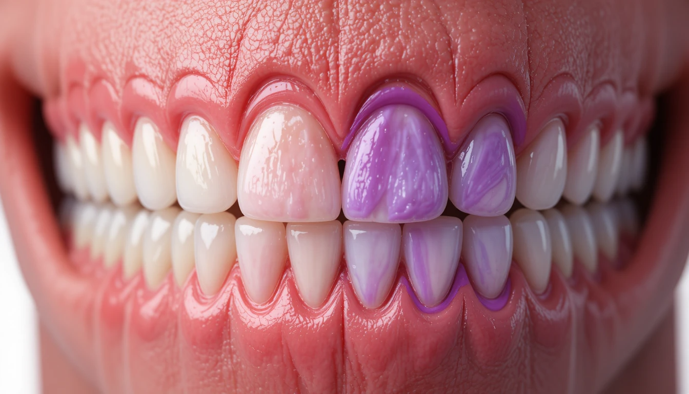 Purple colored gums showing inflammation and discoloration near the teeth.