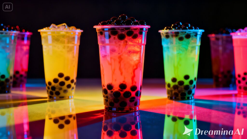 Assorted Babeltee beverages in vibrant colors with boba pearls and straws