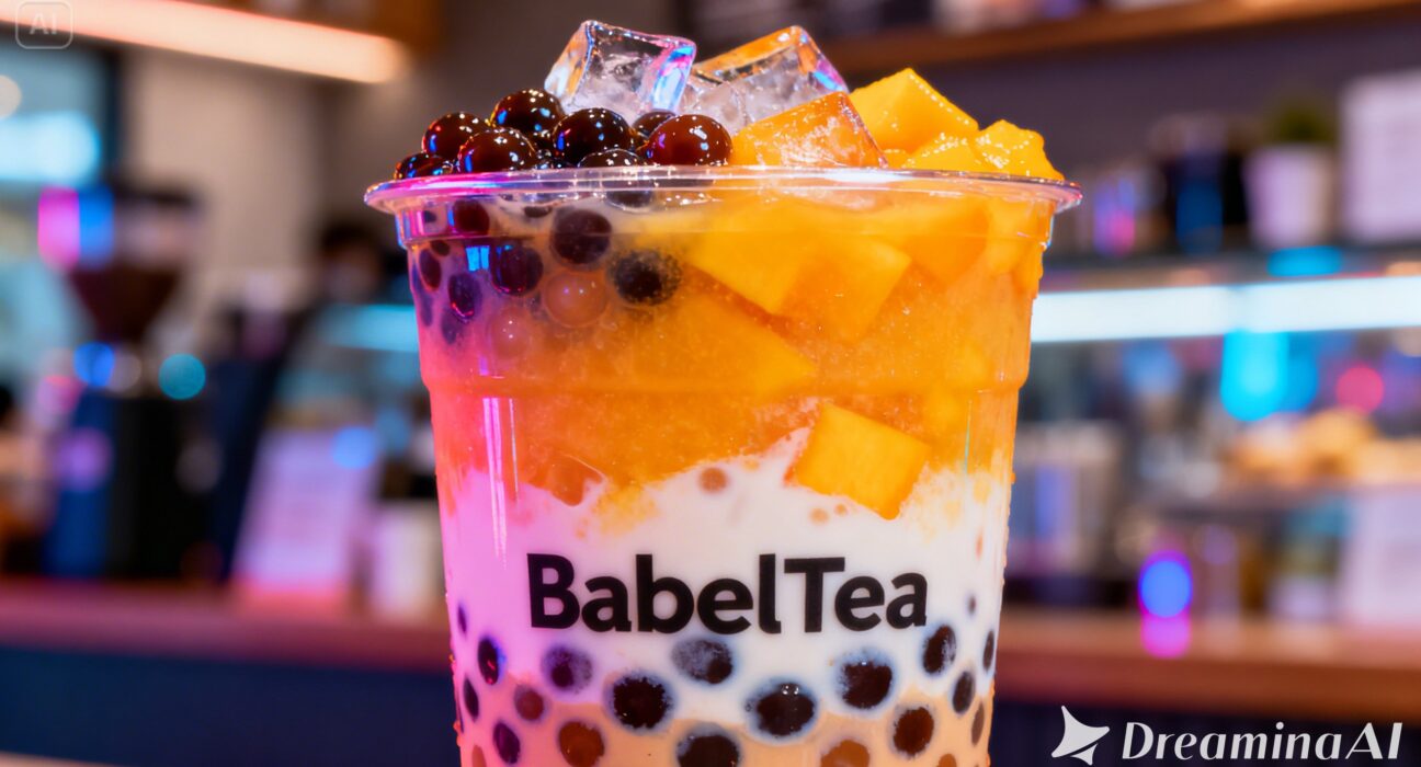 Colorful Babeltee bubble tea drinks with tapioca pearls in clear cups on a pastel background