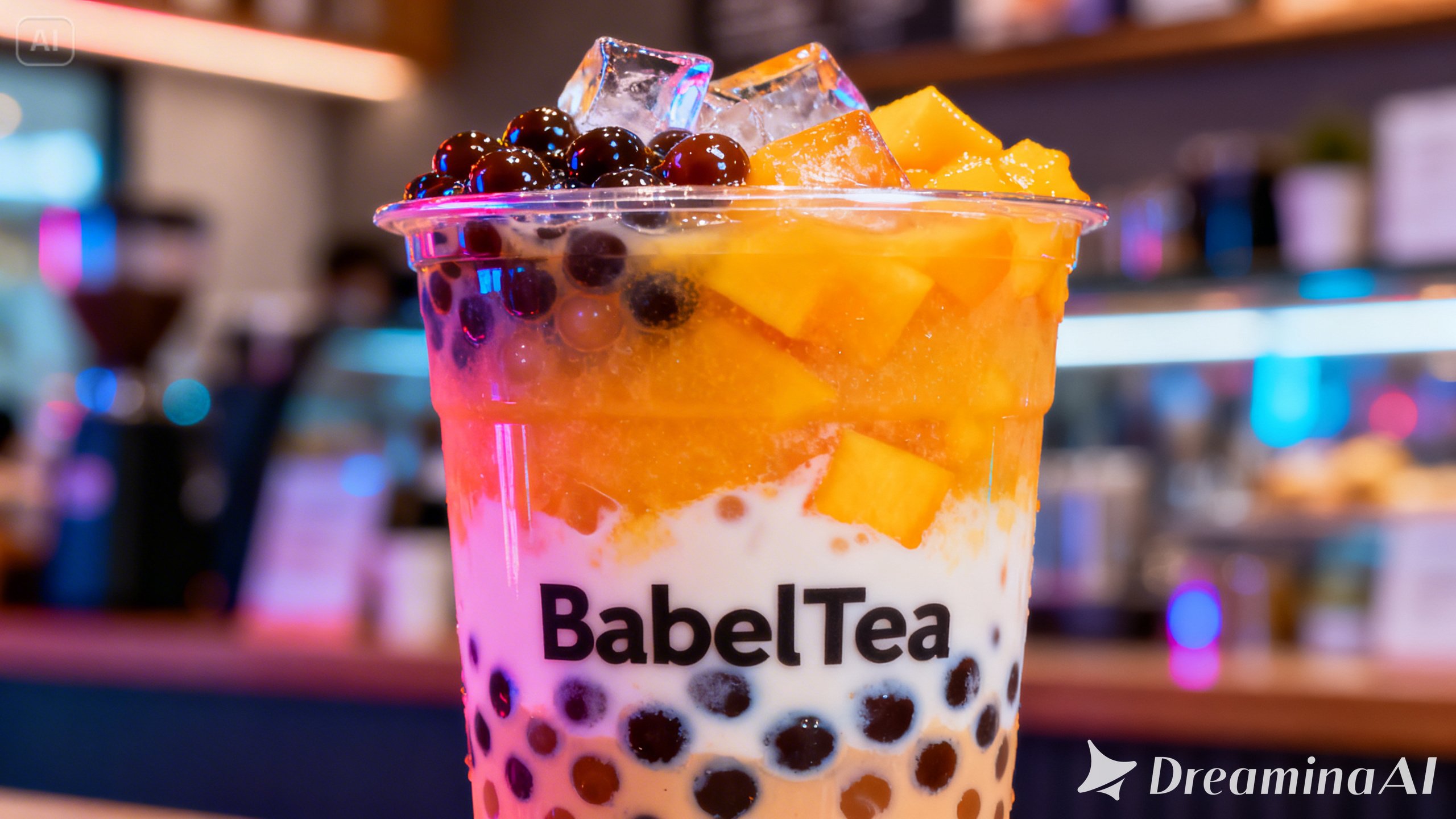 Colorful Babeltee bubble tea drinks with tapioca pearls in clear cups on a pastel background