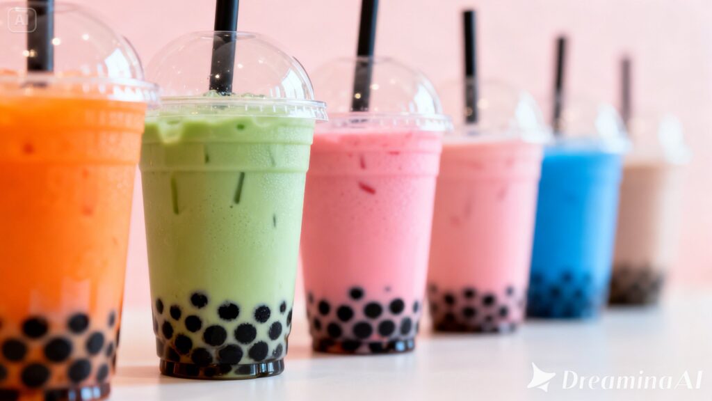 Assorted Babeltee beverages in vibrant colors with boba pearls and straws