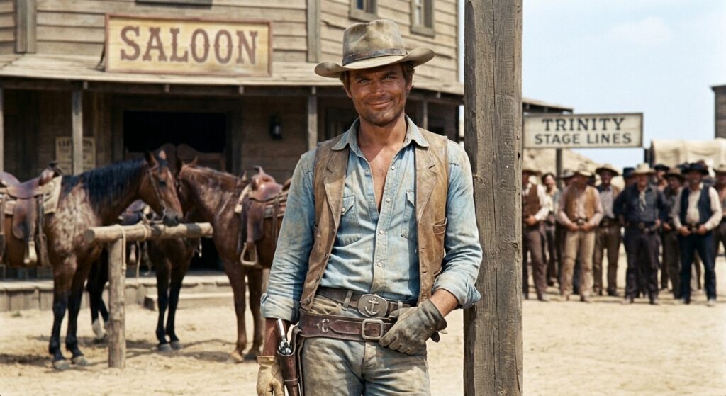 Terence Hill as an elderly cowboy with a hat