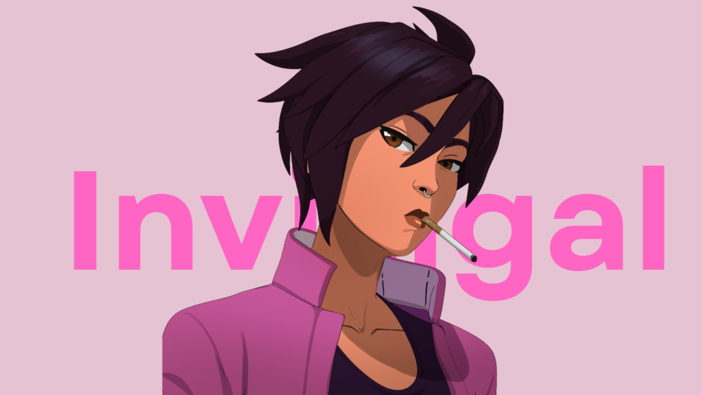 Invisigal Dispatch character portrait showing a confident meta human with modern streetwear and a bold attitude