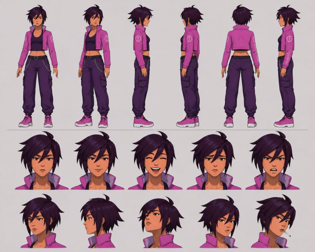 Invisigal animated character design with edgy fashion and strong personality, featured in Dispatch storyline