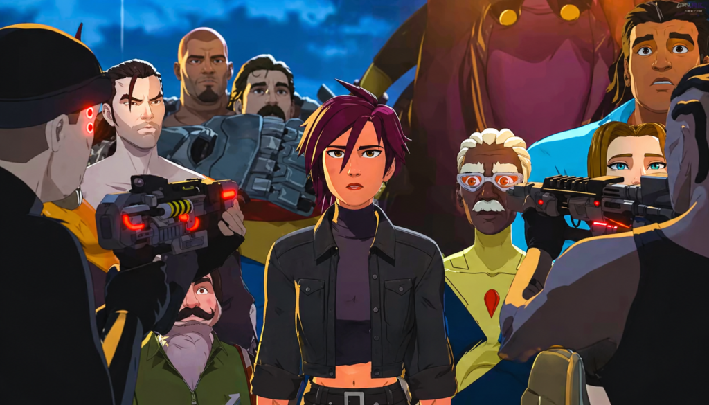 Invisigal standing surrounded by armed characters in a tense scene highlighting her role and dramatic moment in Dispatch