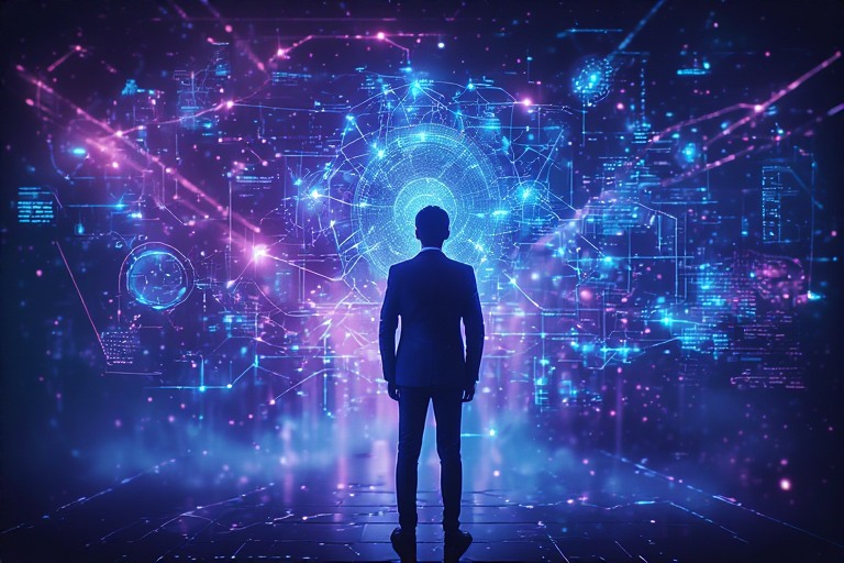 Leonaarei startup growth visualization with entrepreneur analyzing digital dashboards for focused and strategic decision-making.