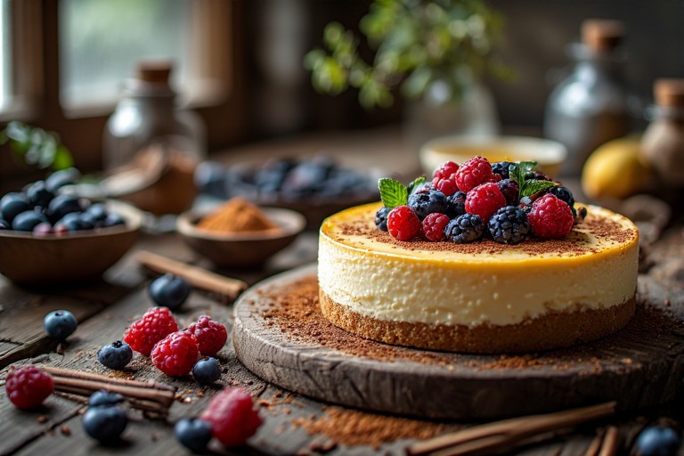 Gourmet Masgonzola cheese served on charcuterie board with fruits