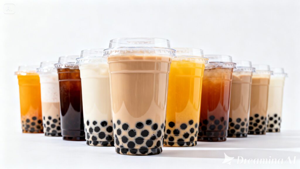 Pastel-colored Babeltee bubble teas with tapioca pearls lined up in clear cups