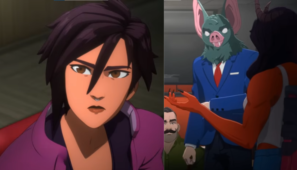 Penguin and Invisigal engaged in a cinematic fight with glowing effects