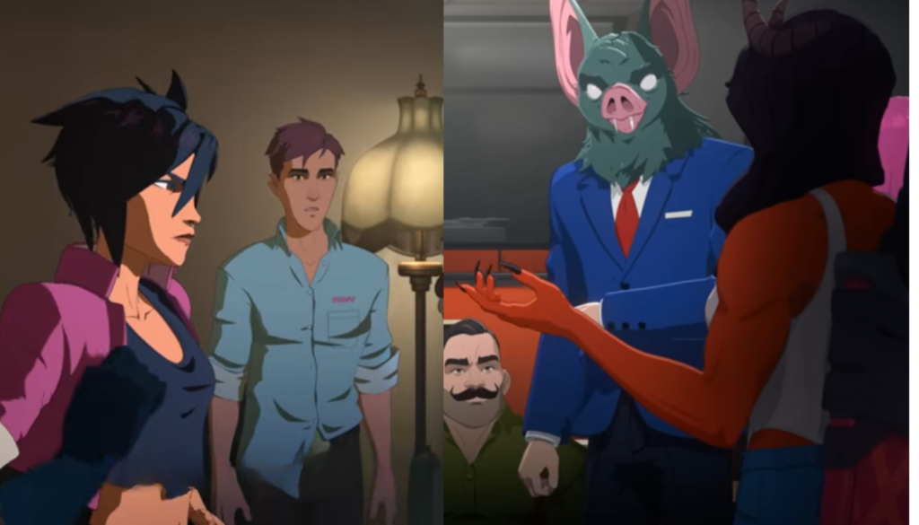 Epic showdown between Penguin and Invisigal with dramatic action background