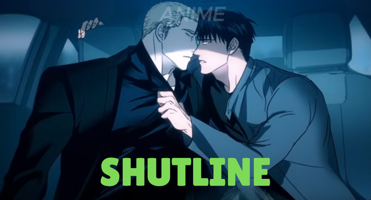 Shutline manhwa dark BL scene showing Moon Shin-gun and Jake Gillian in emotional crime romance atmosphere