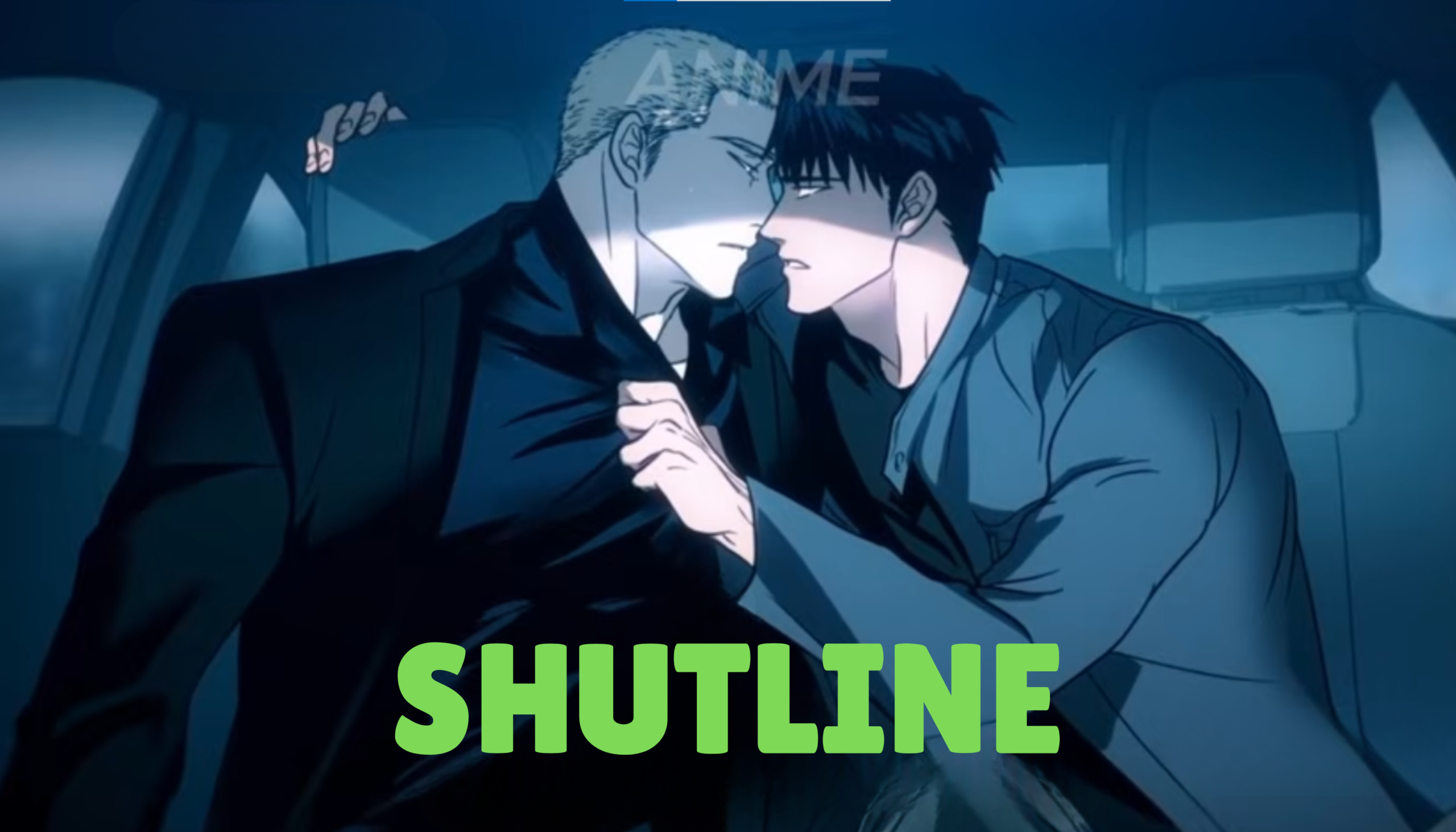 Shutline manhwa dark BL scene showing Moon Shin-gun and Jake Gillian in emotional crime romance atmosphere