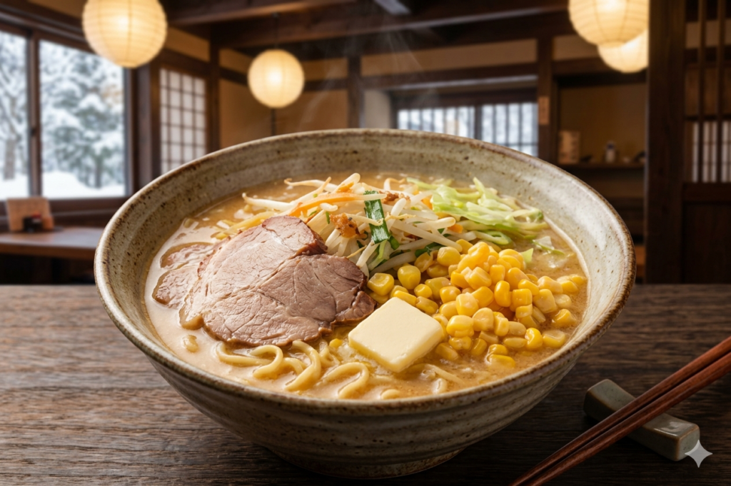 Soutaipasu Japanese winter noodle dish served in hot miso broth with thick wheat noodles, mushrooms, and root vegetables in a traditional bowl.