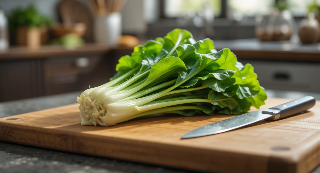 Fresh Yalla Choy leafy green vegetable on wooden cutting board in kitchen
