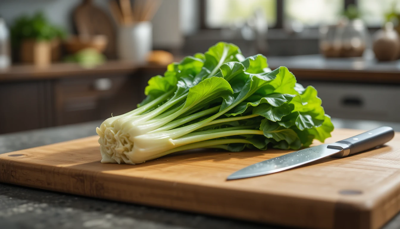 Fresh Yalla Choy leafy green vegetable on wooden cutting board in kitchen