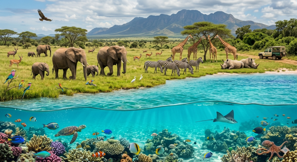 Modern Zooskooñ safari habitat showing wild animals and aquatic life in a natural conservation environment.