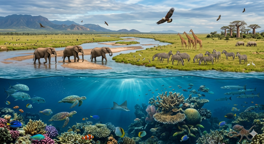 Creative Zooskooñ biodiversity artwork featuring elephants rhinos birds and underwater wildlife ecosystem.
