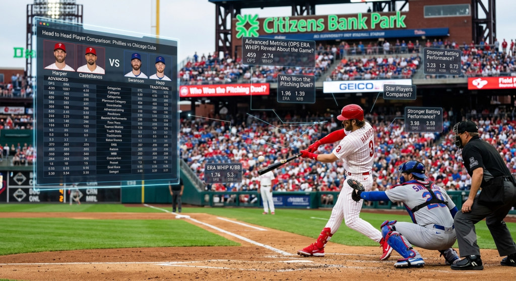 Batter swinging in MLB game with overlay player metrics.