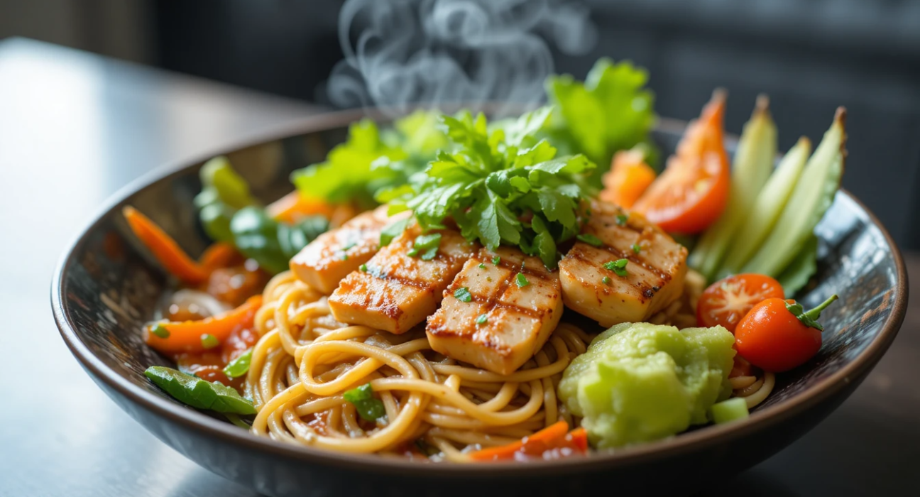 Soutaipasu fusion dish with noodles grilled chicken fresh vegetables and herbs красиво plated in a modern style