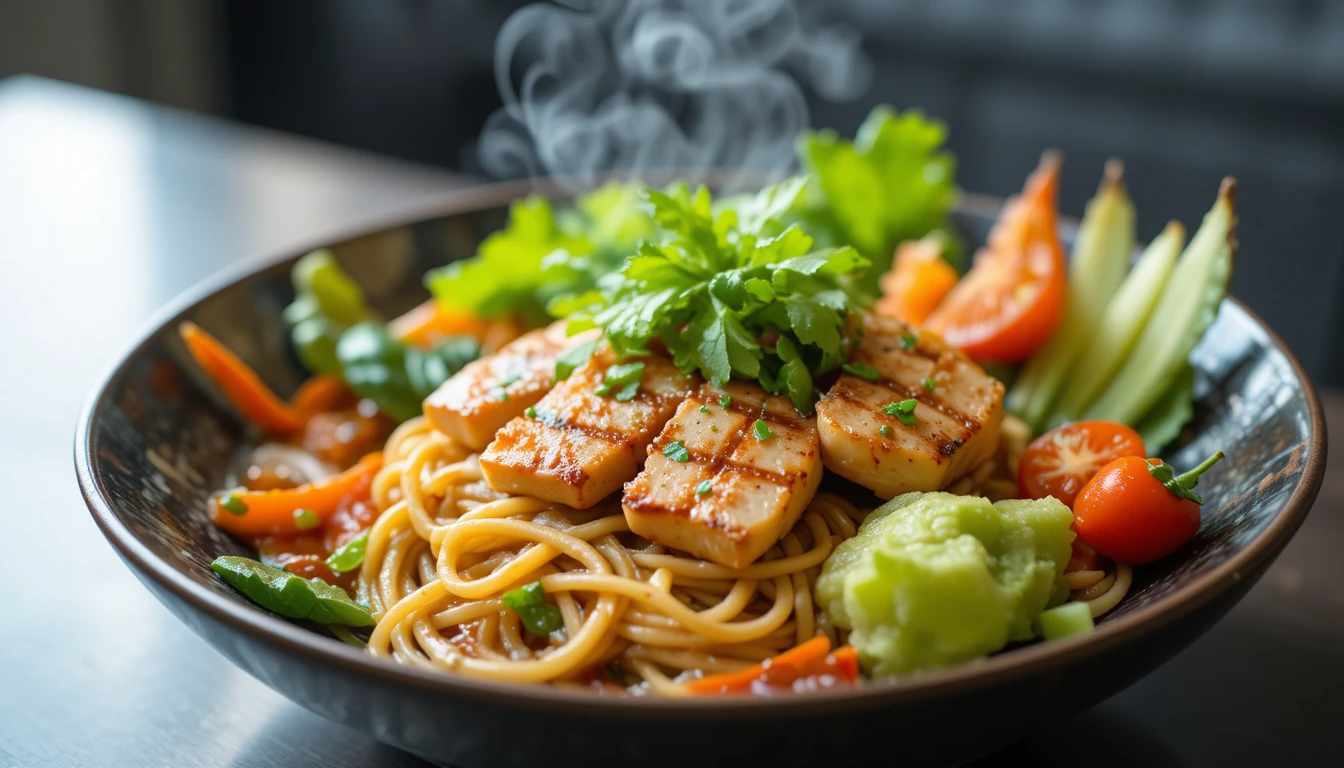 Soutaipasu fusion dish with noodles grilled chicken fresh vegetables and herbs красиво plated in a modern style