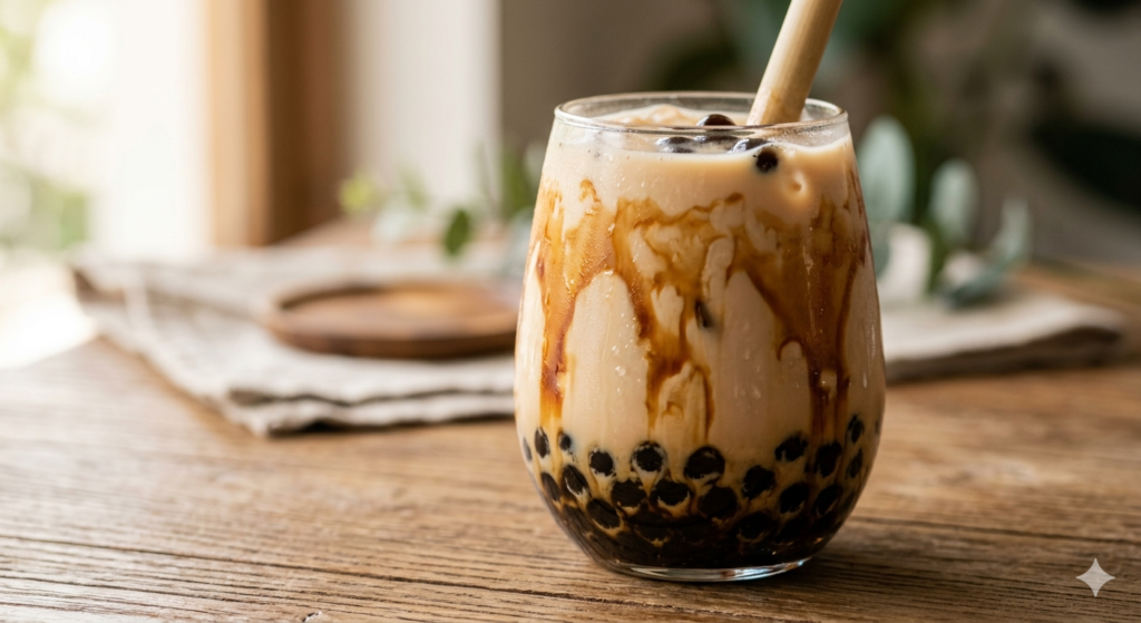 Colorful Babeltee bubble tea drinks with tapioca pearls in transparent cups on a wooden table