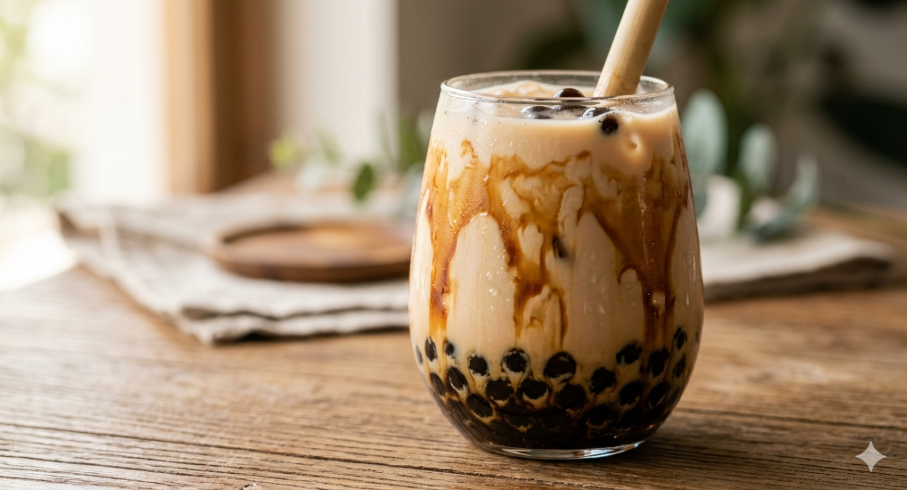 Colorful Babeltee bubble tea drinks with tapioca pearls in transparent cups on a wooden table