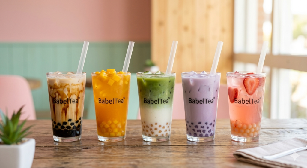 Assorted Babeltee flavors including mango matcha taro and brown sugar milk tea in aesthetic presentation