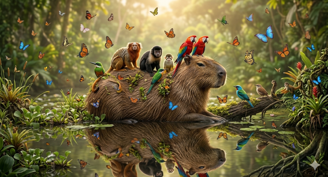 Calm capybara resting near water in a natural wildlife habitat