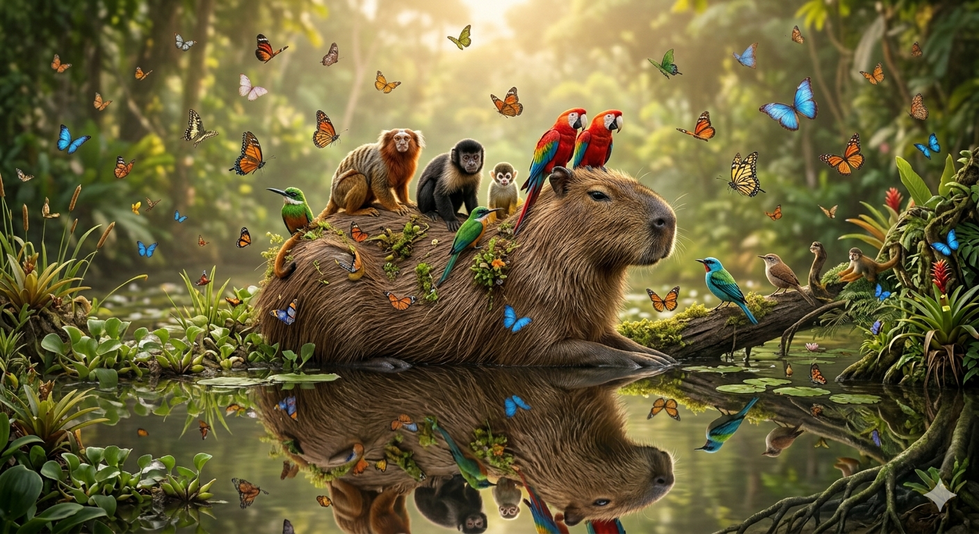 Calm capybara resting near water in a natural wildlife habitat
