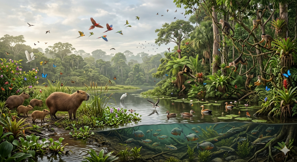Friendly capybara walking through green marshland during daytime