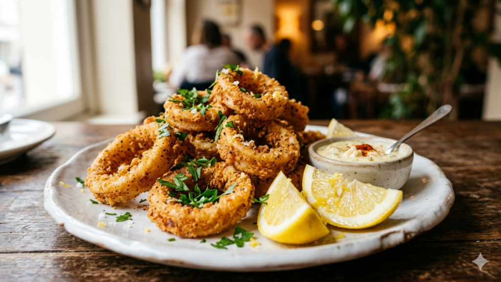 Chef preparing calamariere squid rings by cleaning and slicing fresh squid in professional kitchen setting