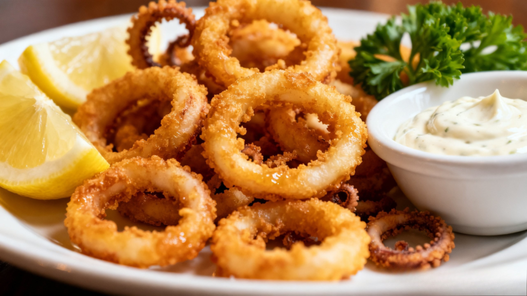 Crispy calamariere fried squid rings served with lemon wedges and garlic dip on a restaurant-style plate