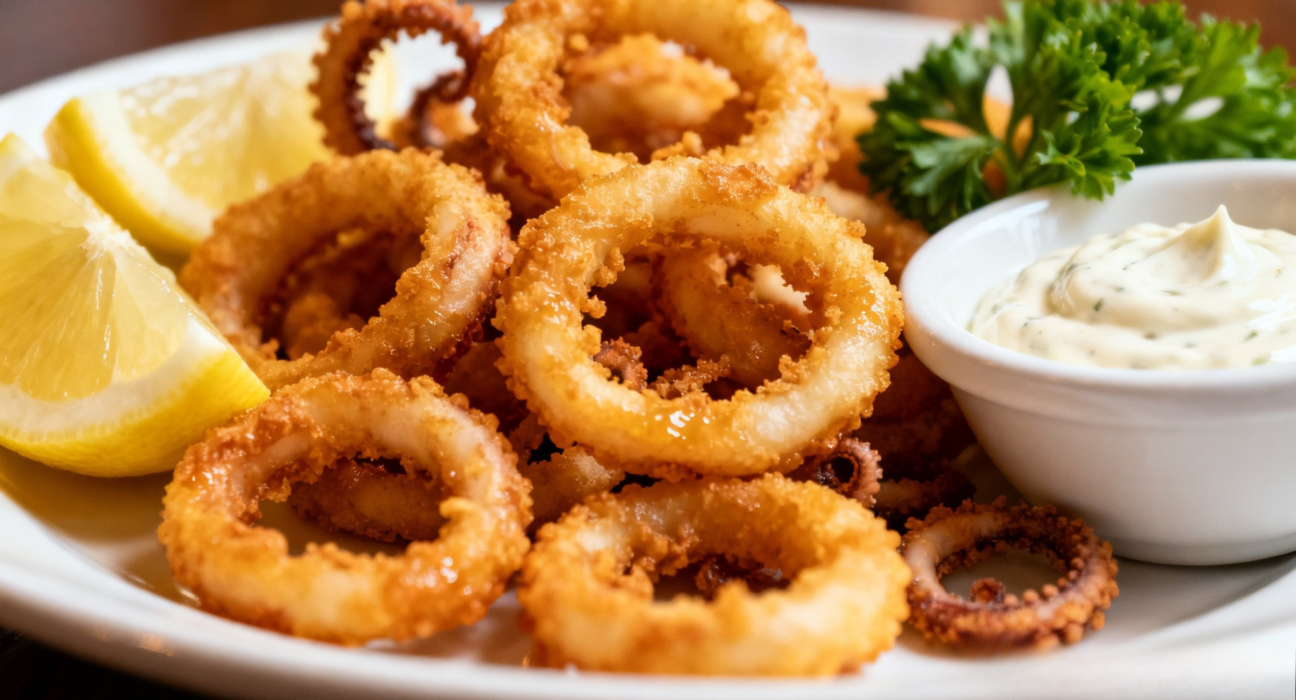Crispy calamariere fried squid rings served with lemon wedges and garlic dip on a restaurant-style plate