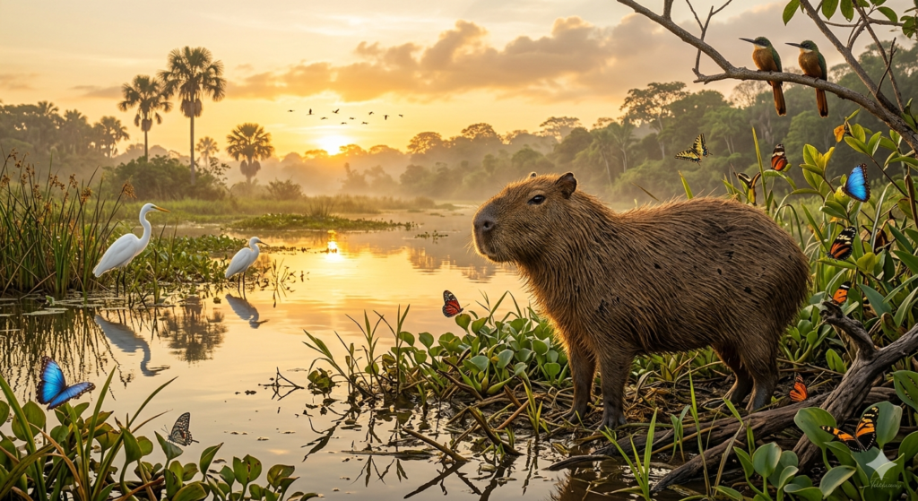 Capybara (cadibara) group relaxing beside a river in South America