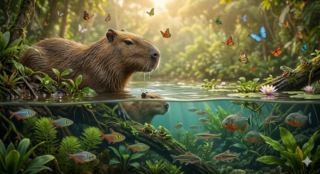 Close-up of a cute cadibara standing in grassy wetland environment