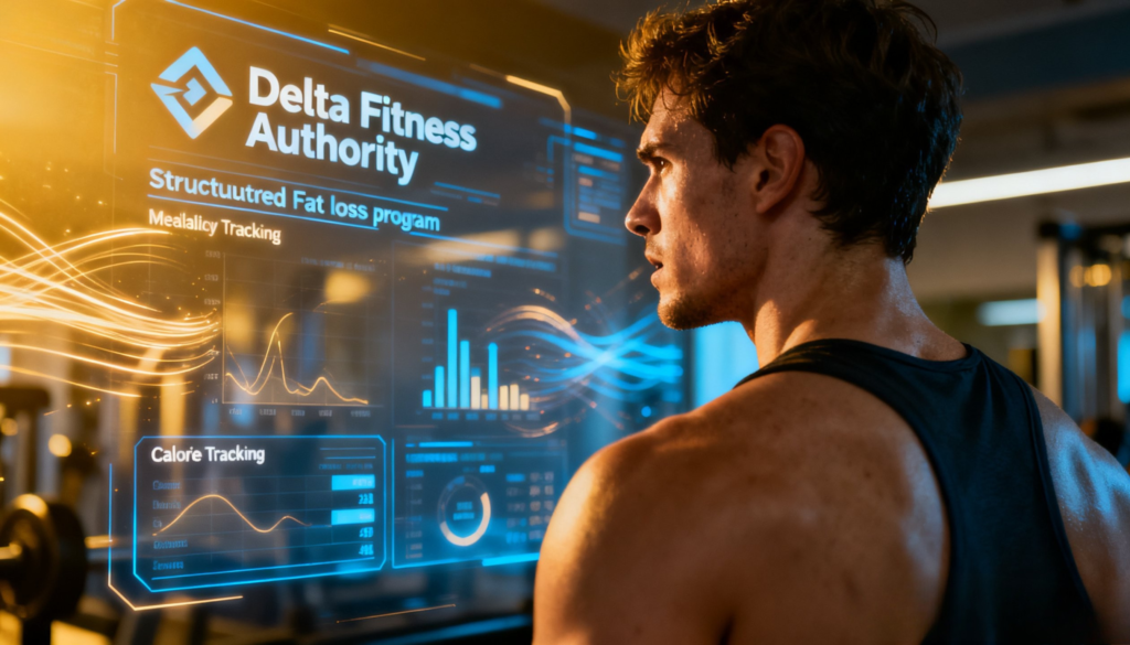 Delta Fitness Authority fat loss transformation concept with fitness tracking and body progress monitoring